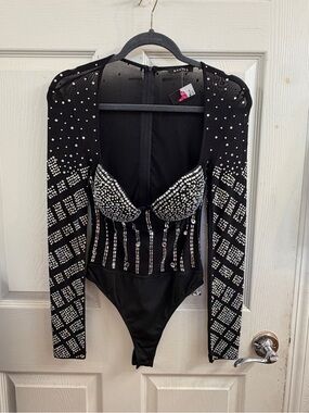 Black Embellished Long-Sleeve Bodysuit